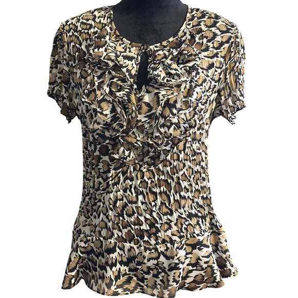 Sunny Leigh Womens Leopard Print Ruffle Blouse Large Short Sleeve - Picture 5 of 6